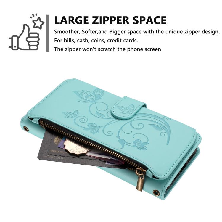 Funda de cuero con cremallera para Samsung Galaxy M34 5G / F34 5G, diseño de mariposas, flores y amor, con múltiples tarjetas (verde menta)