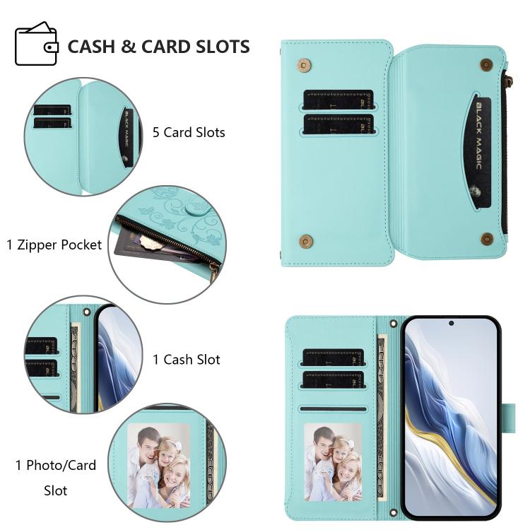 Funda de cuero con cremallera para Samsung Galaxy M34 5G / F34 5G, diseño de mariposas, flores y amor, con múltiples tarjetas (verde menta)