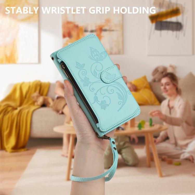 Funda de cuero con cremallera para Samsung Galaxy M34 5G / F34 5G, diseño de mariposas, flores y amor, con múltiples tarjetas (verde menta)