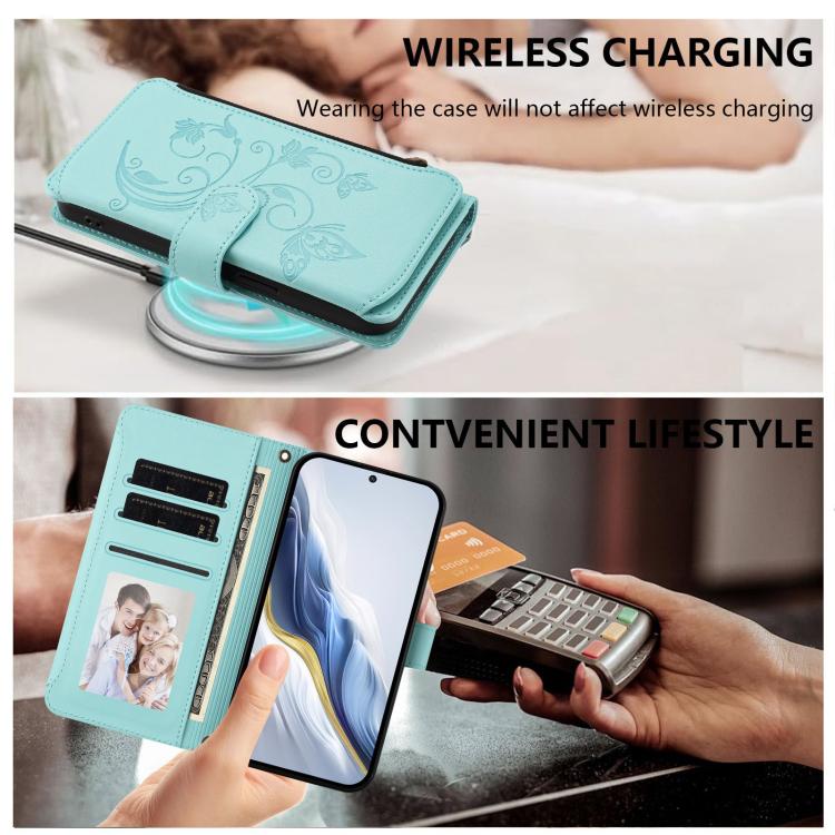 Funda de cuero con cremallera para Samsung Galaxy M34 5G / F34 5G, diseño de mariposas, flores y amor, con múltiples tarjetas (verde menta)