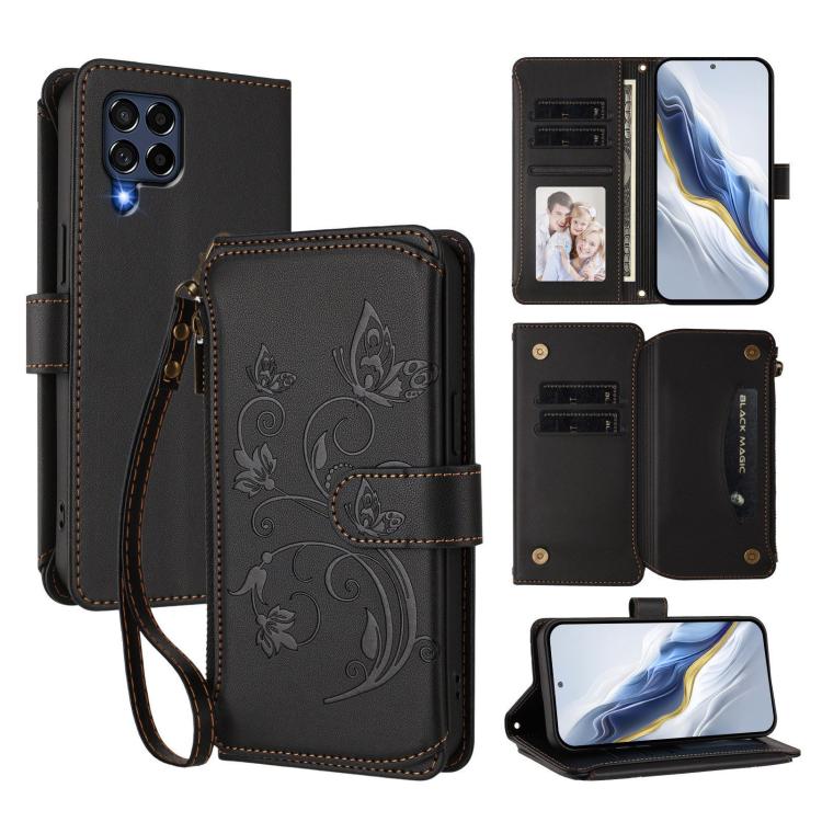Funda de cuero con cremallera para Samsung Galaxy M53 5G, diseño de mariposas, flores y amor, con múltiples tarjetas (negro)