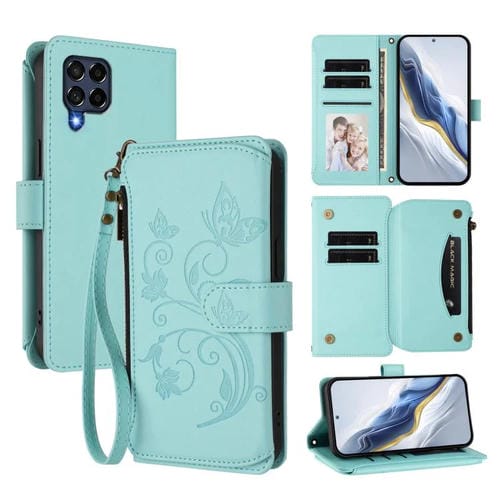 Funda de cuero con cremallera para Samsung Galaxy M53 5G, diseño de mariposas, flores y amor, con múltiples tarjetas (verde menta)