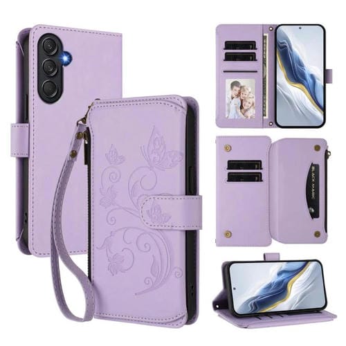 Funda de cuero con cremallera para Samsung Galaxy M54 5G / F54 5G, diseño de mariposas, flores y amor, con múltiples tarjetas (morado claro)