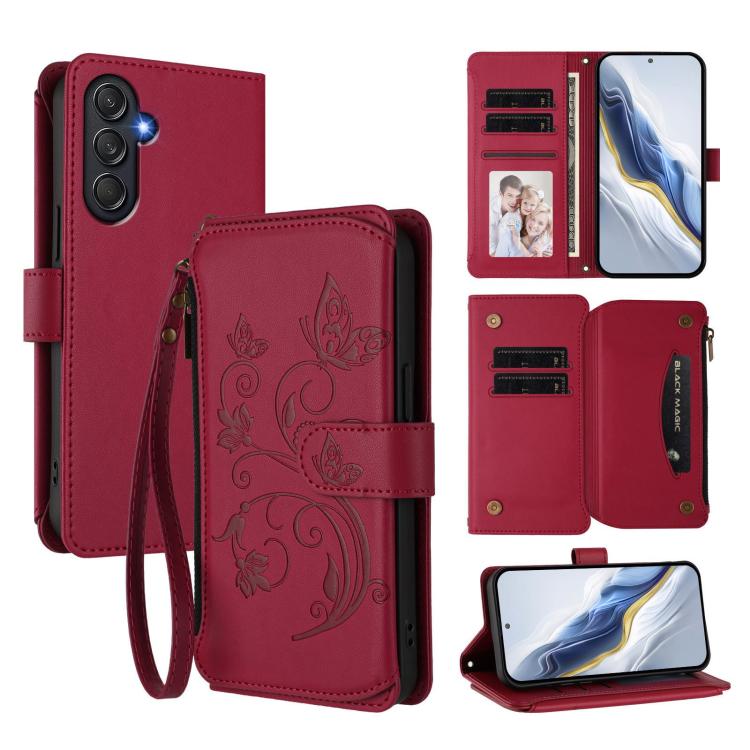 Funda de cuero con cremallera para Samsung Galaxy M55/C55, diseño de mariposas, flores y amor (rojo vino)