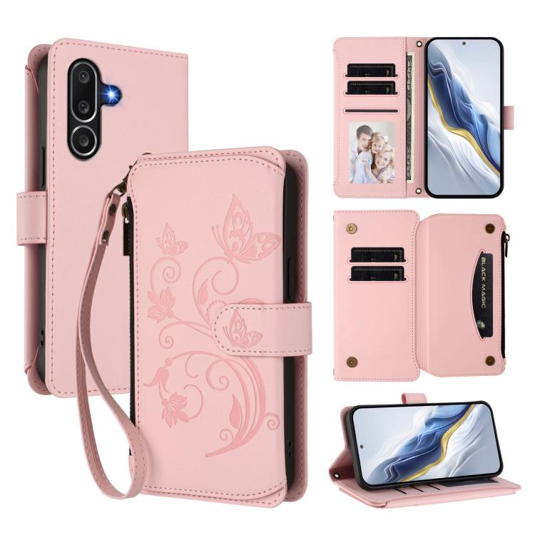 Funda de cuero con cremallera para Samsung Galaxy M56 5G, diseño de mariposas, flores y amor, con múltiples tarjetas (rosa)