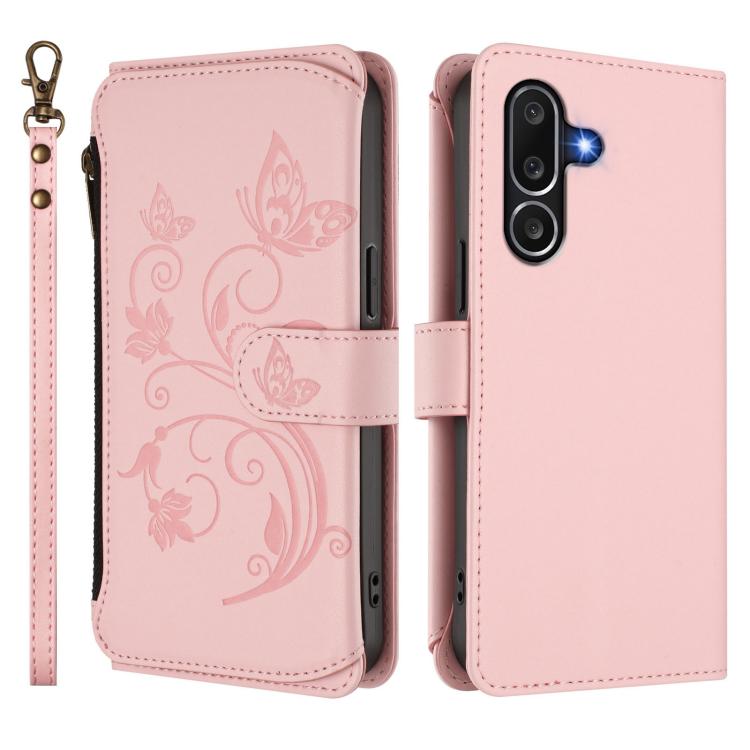 Funda de cuero con cremallera para Samsung Galaxy M56 5G, diseño de mariposas, flores y amor, con múltiples tarjetas (rosa)
