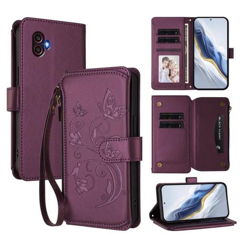 Funda de cuero con cremallera para Samsung Galaxy XCover6 Pro, diseño de mariposas, flores y amor (morado oscuro)