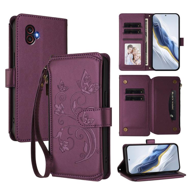 Funda de cuero con cremallera para Samsung Galaxy XCover6 Pro, diseño de mariposas, flores y amor (morado oscuro)