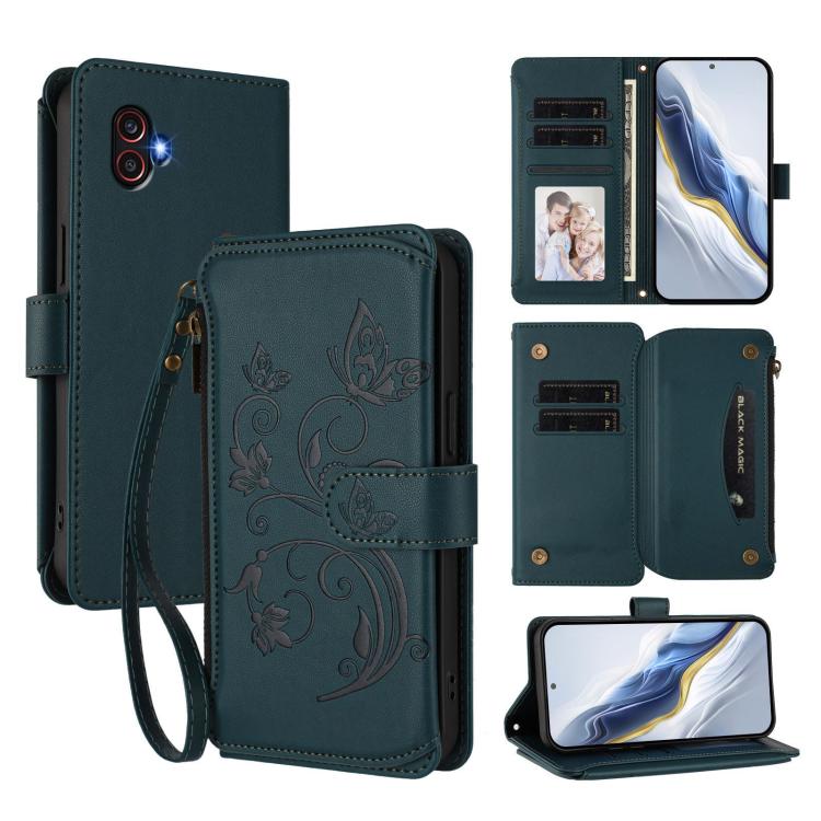 Funda de cuero con cremallera para Samsung Galaxy XCover6 Pro, diseño de mariposas, flores y amor, con múltiples tarjetas (verde oscuro)