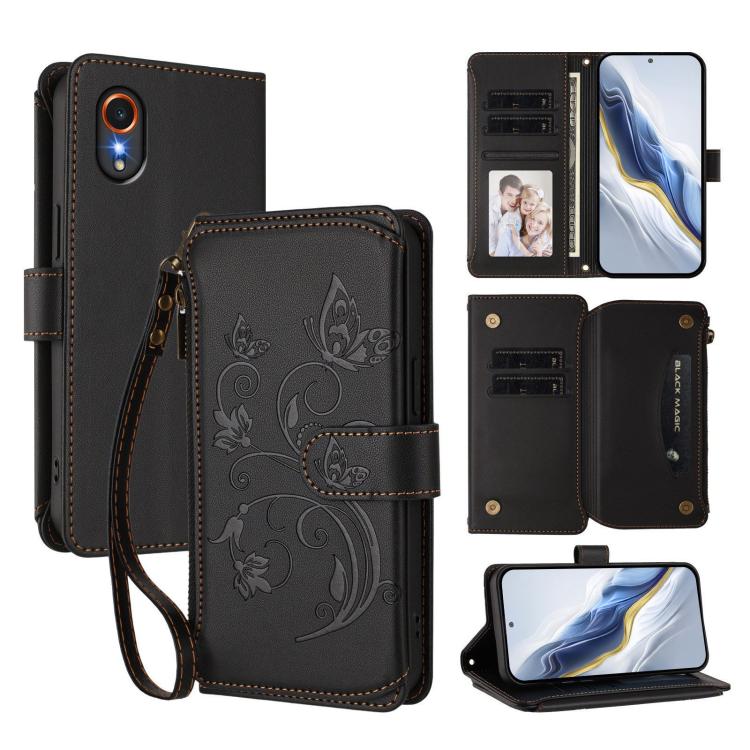Funda de cuero con cremallera para Samsung Galaxy XCover7 5G, diseño de mariposas, flores y amor, con múltiples tarjetas (negro)