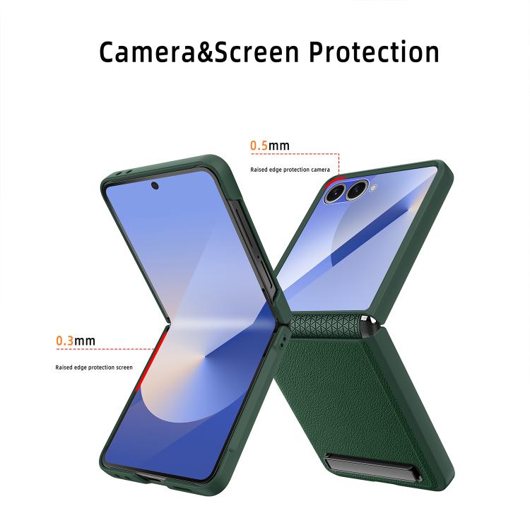 Funda para Samsung Galaxy Z Flip7 5G con soporte invisible integrado y textura de lichi (negro trigo)