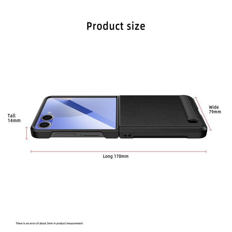 Funda para Samsung Galaxy Z Flip7 5G con soporte invisible integrado y diseño de piel de lichi (negra)