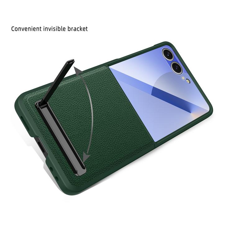 Funda para Samsung Galaxy Z Flip7 5G con soporte invisible integrado y diseño de piel de lichi (negra)