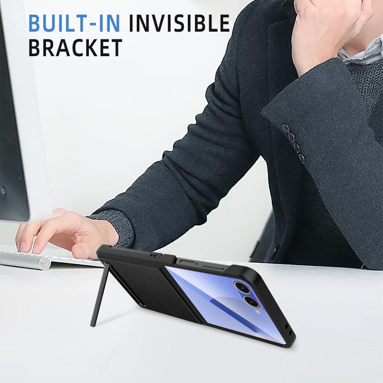 Funda para Samsung Galaxy Z Flip7 5G con soporte invisible integrado y diseño de piel de lichi (negra)