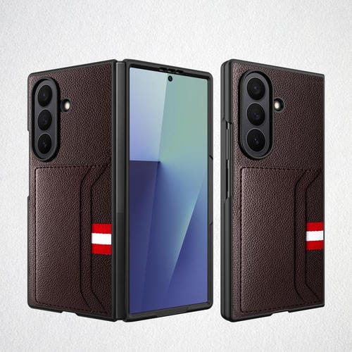 Funda para Samsung Galaxy Z Fold7 5G con ranura para tarjeta integrada y diseño de piel de lichi (marrón)