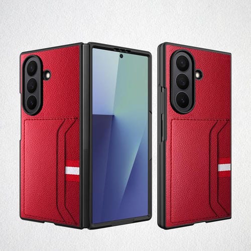 Funda para Samsung Galaxy Z Fold7 5G con ranura para tarjeta integrada y diseño de piel de lichi (roja)