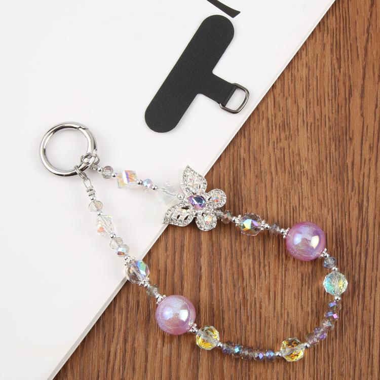 Correa universal antipérdida para teléfono con diseño de mariposa de diamante y cuentas de cristal (blanca)
