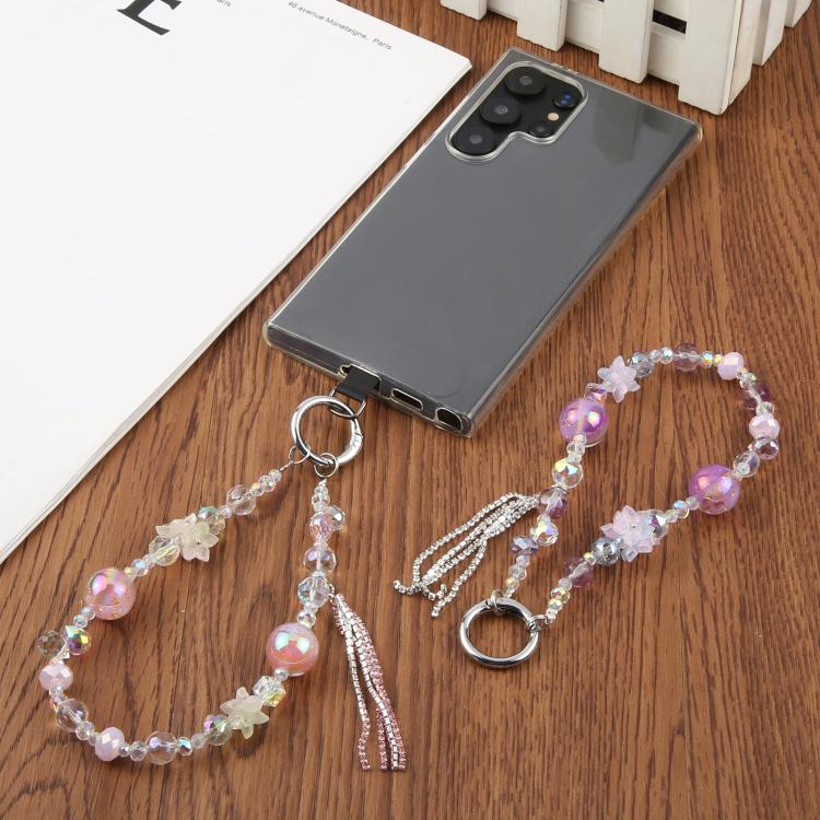 Cadena de cuentas de lámina dorada, correa universal antipérdida para teléfono con cuentas de cristal (rosa)
