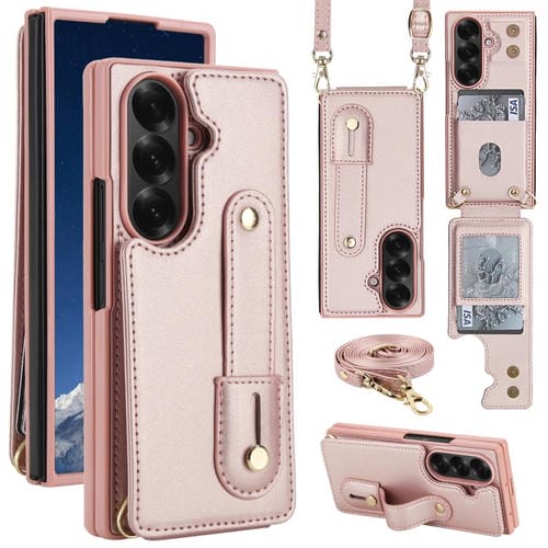 Funda tipo cartera con tapa vertical y correa para Samsung Galaxy Z Fold7 5G, con cordón largo (oro rosa)
