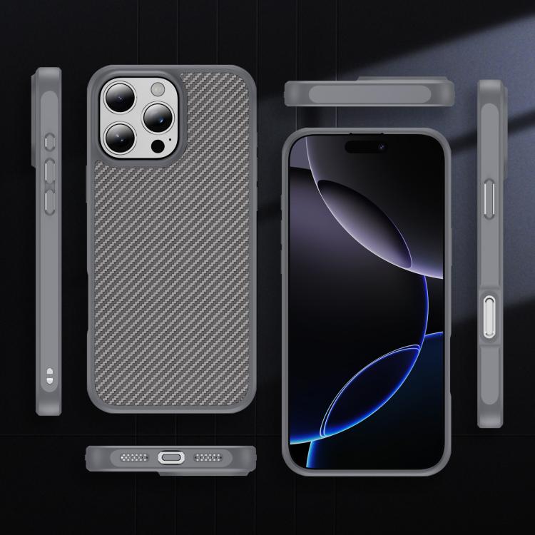 Funda MagSafe con textura de fibra de carbono y tacto suave para iPhone 16 Pro Max (gris)
