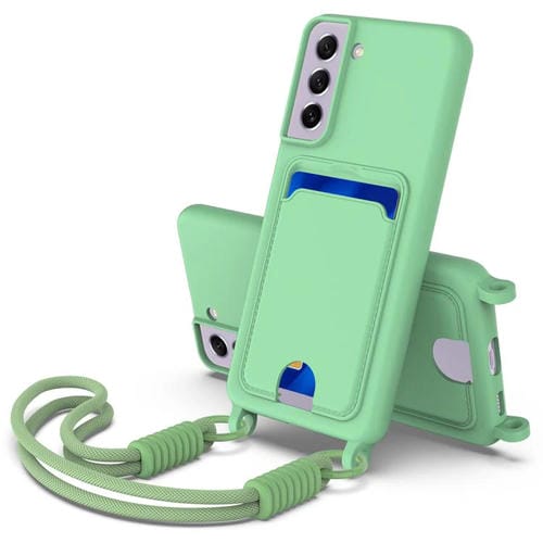 Funda de silicona líquida de color sólido para Samsung Galaxy S21 FE 5G con tarjetero integrado y cordón corto (verde)