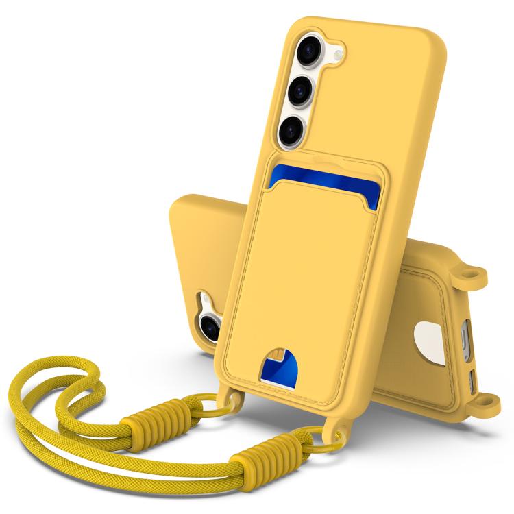 Funda de silicona líquida de color sólido para Samsung Galaxy S23 5G con tarjetero integrado, Gen2, con cordón corto (amarilla)