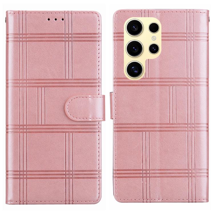 Funda de piel con relieve a cuadros para Samsung Galaxy S22 Ultra 5G (rosa)