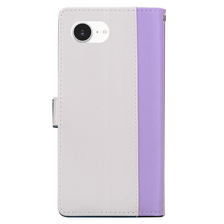 Funda de cuero bicolor con relieve para iPhone 16e (morado y blanco)