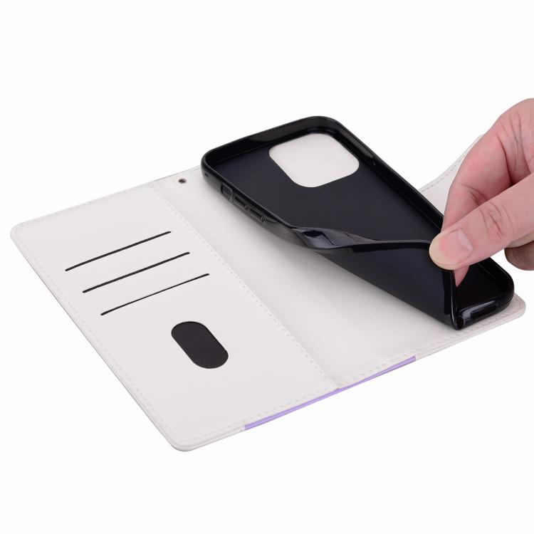 Funda de cuero bicolor con relieve para iPhone 16e (morado y blanco)
