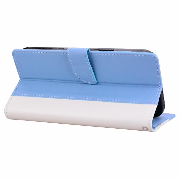 Funda de cuero bicolor con relieve para iPhone 16 Pro Max (blanco y azul)