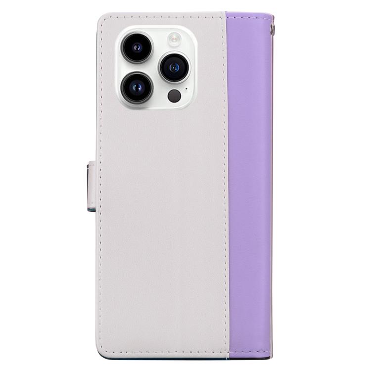 Funda de cuero bicolor con relieve para iPhone 16 Pro Max (morado y blanco)