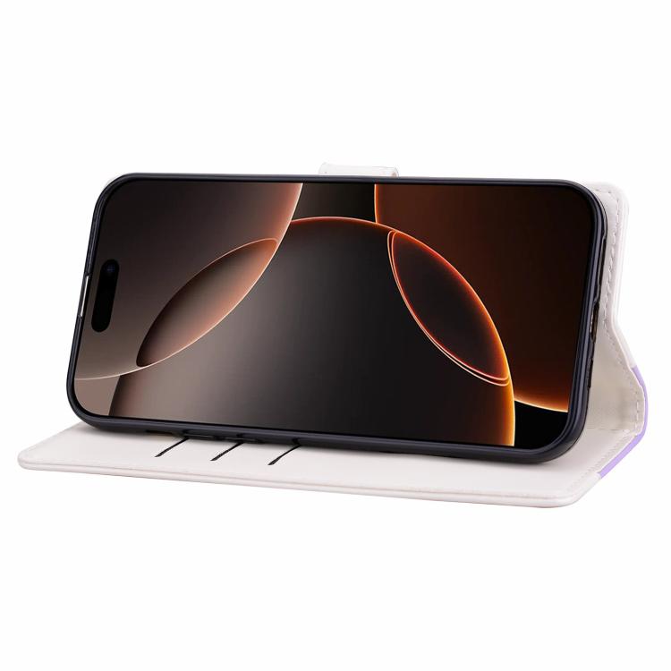 Funda de cuero bicolor con relieve para iPhone 16 Pro Max (morado y blanco)