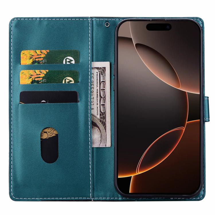 Funda de cuero bicolor con relieve para iPhone 16 Plus (negro y verde)