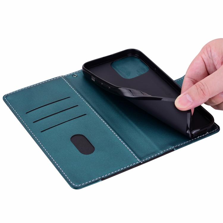 Funda de cuero bicolor con relieve para iPhone 16 Plus (negro y verde)