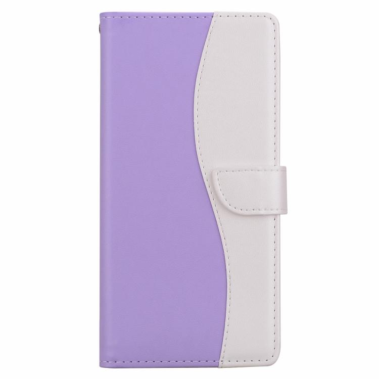 Funda de cuero bicolor con relieve para iPhone 16 Plus (morado y blanco)