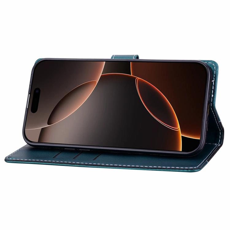 Funda de cuero bicolor con relieve para iPhone 16 (negro y verde)