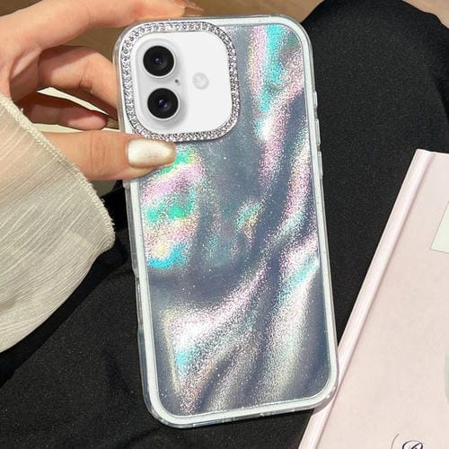 Funda 3 en 1 con diseño de arena movediza y marco de diamante para iPhone 16 Plus (plateada)