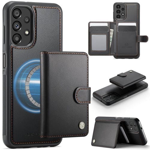 Funda de cuero con hebilla magnética para Samsung Galaxy A13 4G / 5G / A04s JEEHOOD J09, con ranuras para tarjetas, estilo RFID y MagSafe (negro)