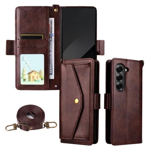 Funda de piel de vacuno cruzada con ranuras para múltiples tarjetas para Samsung Galaxy Z Fold3 5G (marrón)