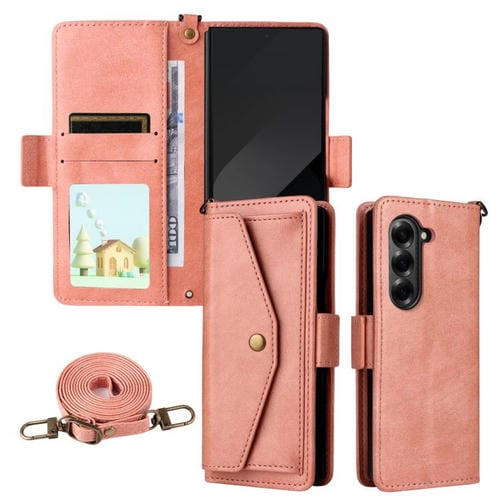 Funda de piel de vacuno cruzada con ranuras para múltiples tarjetas para Samsung Galaxy Z Fold5 5G (rosa)