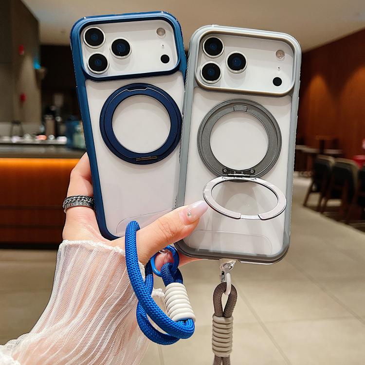 Funda MagSafe transparente con borde liso y soporte giratorio para Samsung Galaxy S25 Ultra / S24 Ultra 5G, con correa para la muñeca (azul rey)