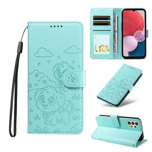 Funda de cuero tipo billetera con bloqueo RFID para Samsung Galaxy A13 4G/5G, con diseño de corazón y perro en relieve (verde)