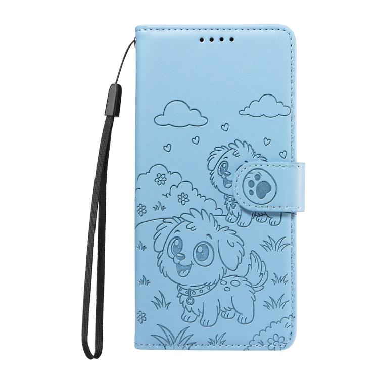 Funda de cuero con bloqueo RFID para Samsung Galaxy A15 4G/5G, con diseño de corazón y perro en relieve (azul cielo)
