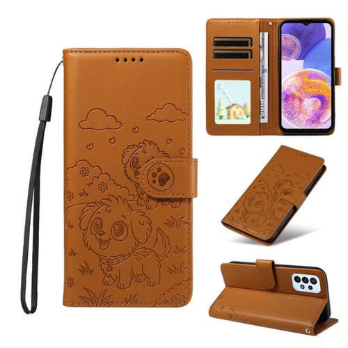 Funda de cuero tipo billetera con bloqueo RFID y diseño de corazón de perro en relieve para Samsung Galaxy A23 4G/5G (marrón)