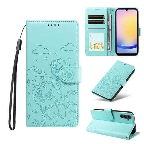 Funda de cuero con bloqueo RFID para Samsung Galaxy A25 5G, con diseño de corazón y perro en relieve (verde)