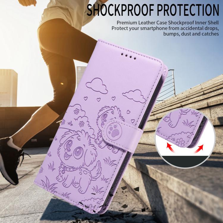 Funda de cuero con bloqueo RFID para Samsung Galaxy A25 5G, con diseño de corazón y perro en relieve (morado)