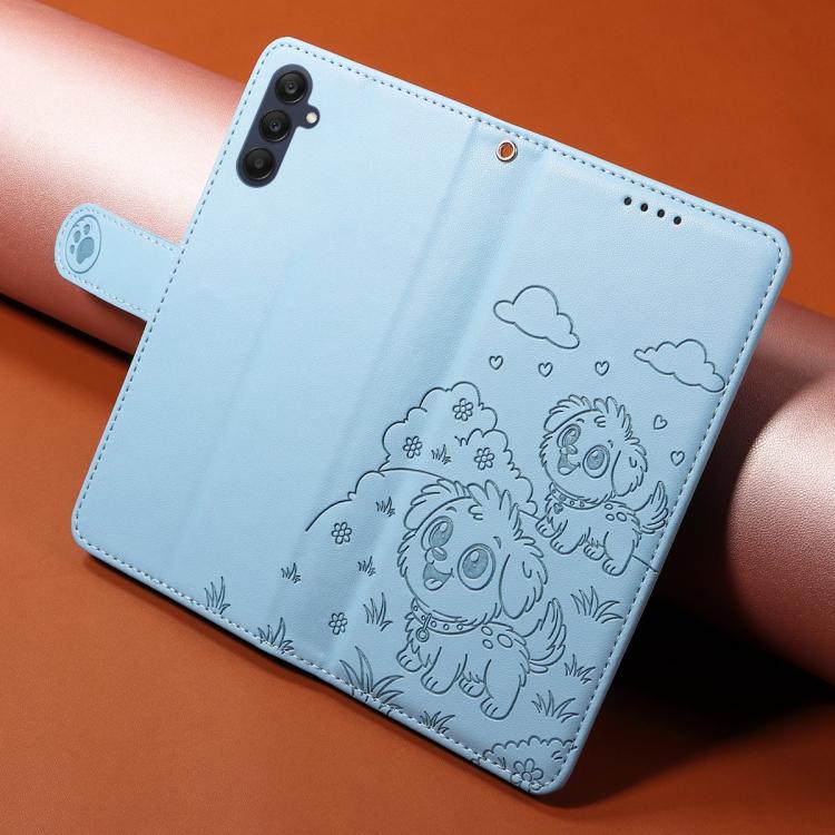 Funda de cuero con bloqueo RFID para Samsung Galaxy A25 5G, con diseño de corazón y perro en relieve (azul cielo)