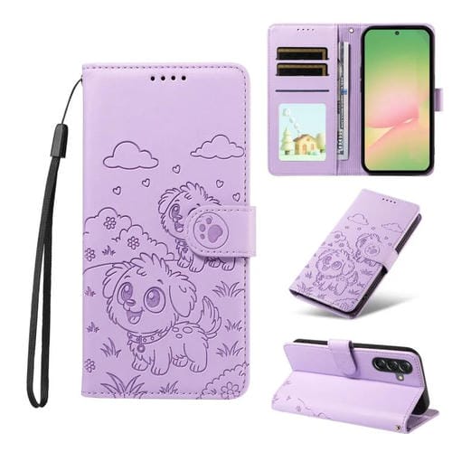 Funda de cuero tipo billetera con bloqueo RFID y diseño de corazón de perro en relieve para Samsung Galaxy A56 5G (morado)