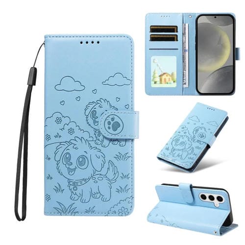 Funda de cuero con bloqueo RFID para Samsung Galaxy S24+ / S25+ 5G, con diseño de corazón en relieve y perro (azul cielo)