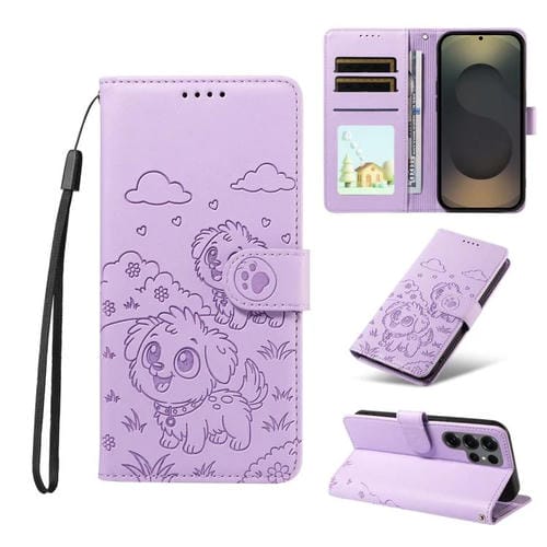 Funda de cuero tipo billetera con bloqueo RFID para Samsung Galaxy S25 Ultra 5G, con diseño de corazón y perro en relieve (morado)